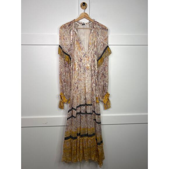 NWT Hemant and Nandita White Silver Gold Chiffon Lurex Floral Boho Midi Dress - Picture 2 of 9